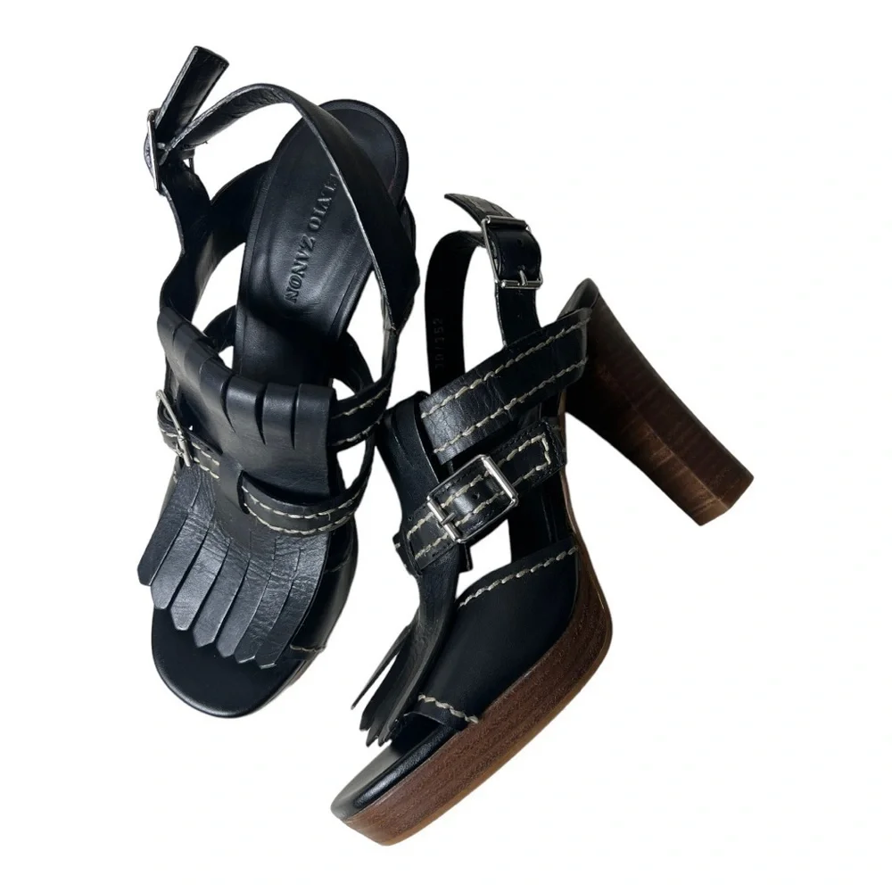 Elvio Zanon Black Leather Fringe Style Heel Platform Sandals Size 39 (US 8.5)